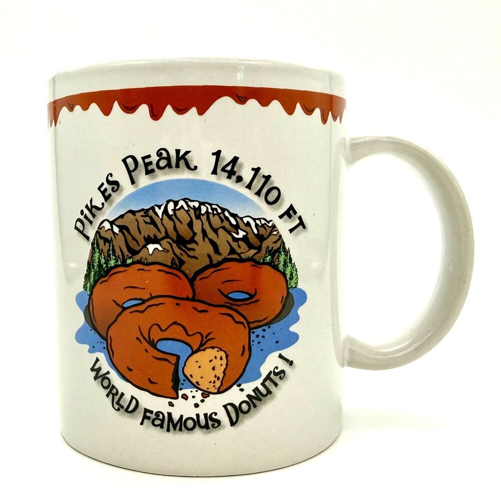 PIKES PEAK Mtn Ceramic Mug Cup 10oz White World Famous Donuts! Coffee Tea Cocoa